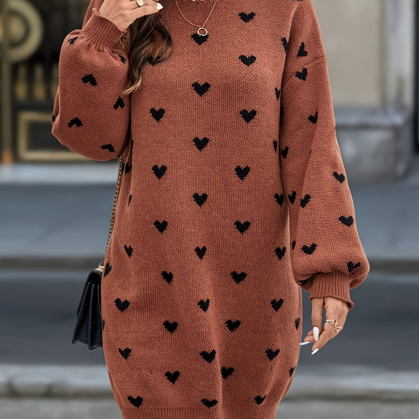 Fall Winter Heart Ribbed Sweater Dress