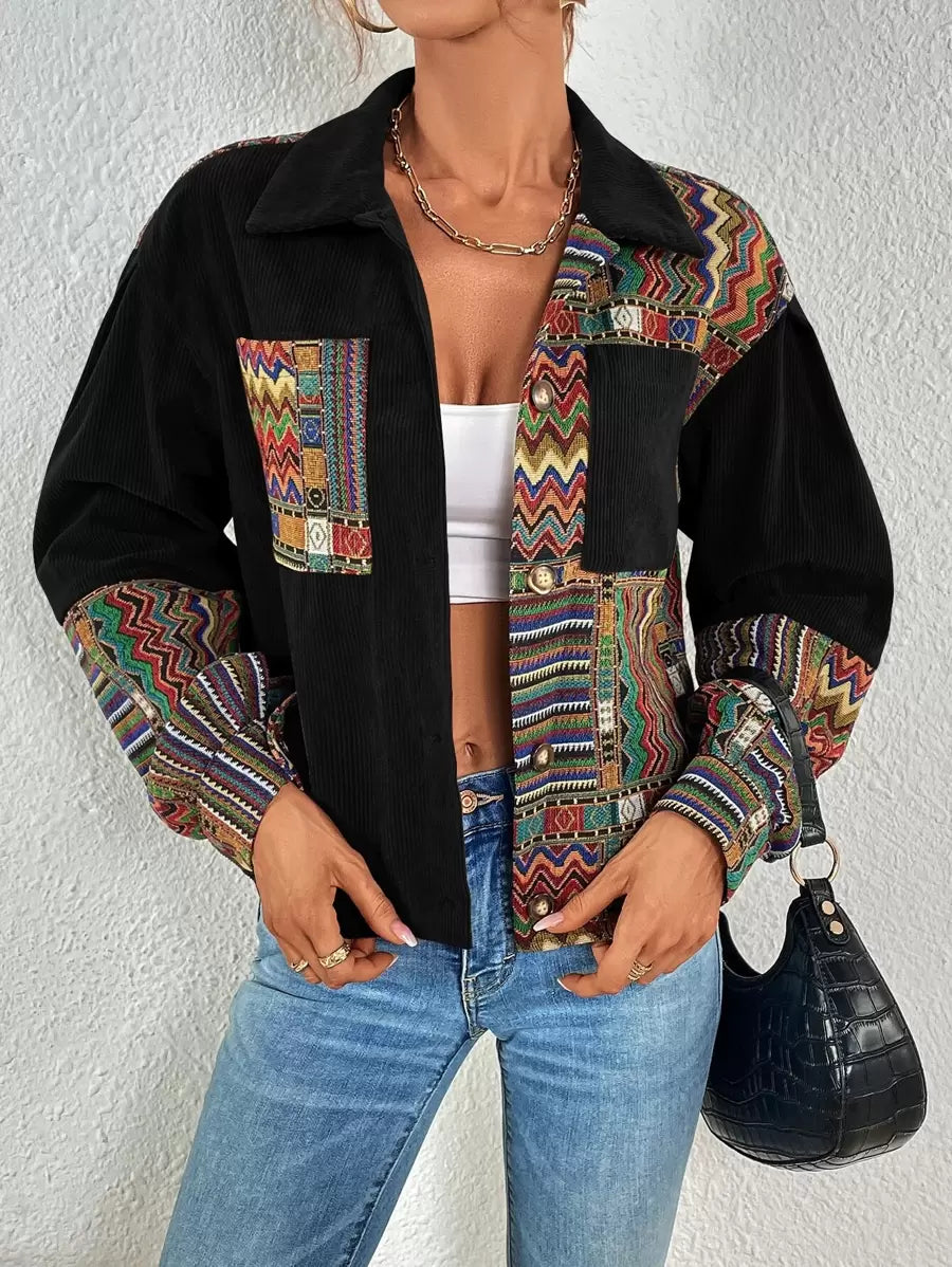 Fallen Shoulder Velvet Jacket with Geometric Print