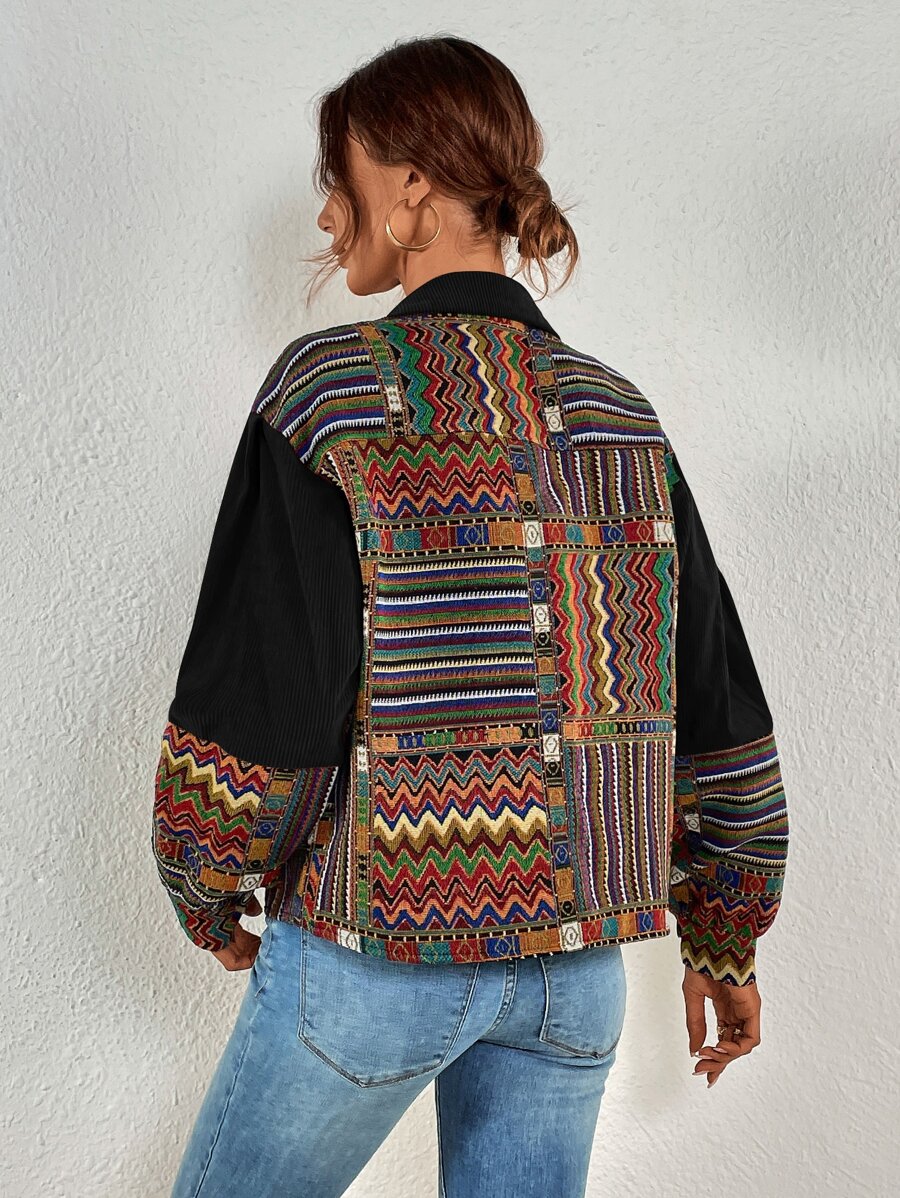 Fallen Shoulder Velvet Jacket with Geometric Print