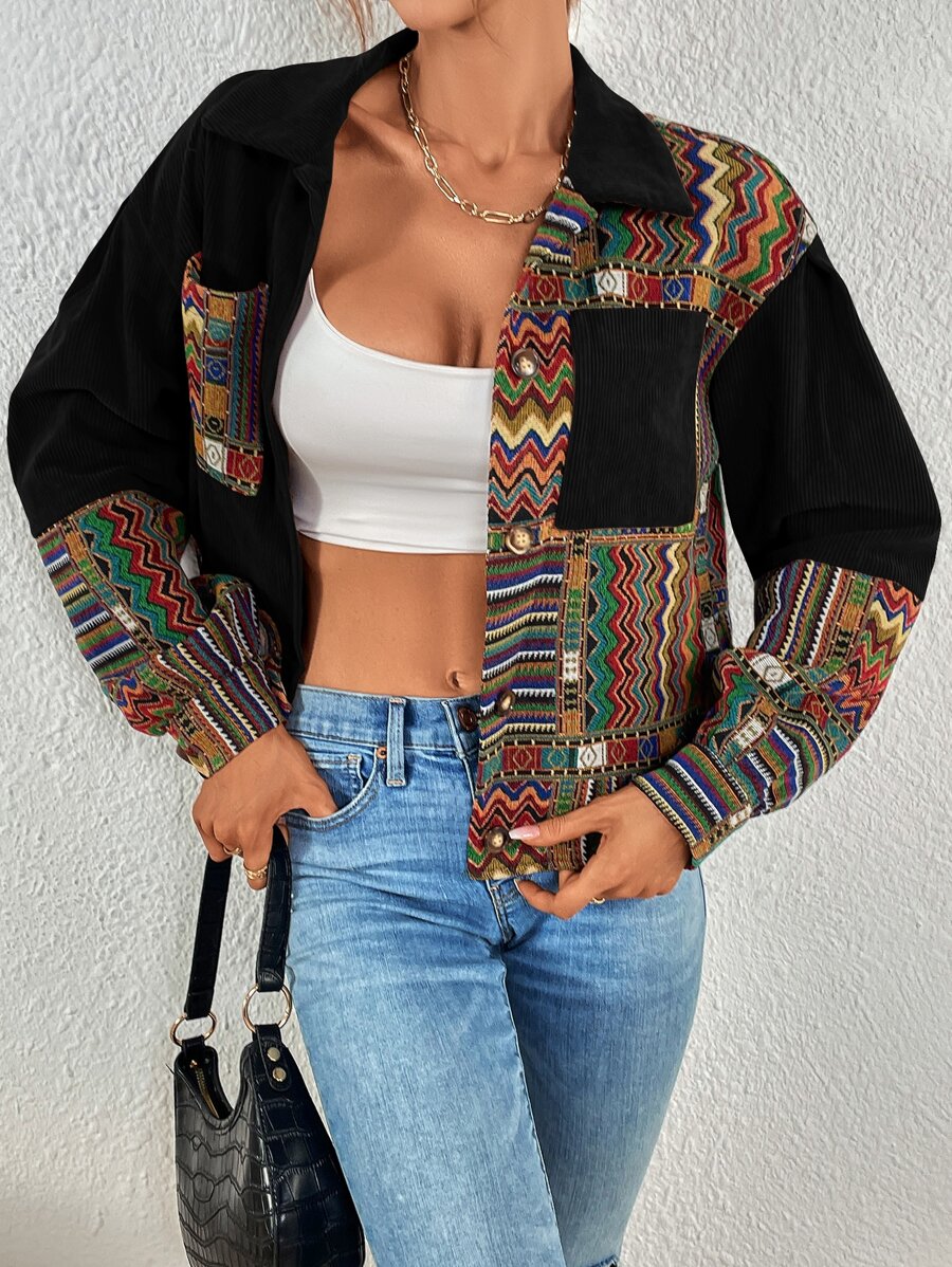 Fallen Shoulder Velvet Jacket with Geometric Print
