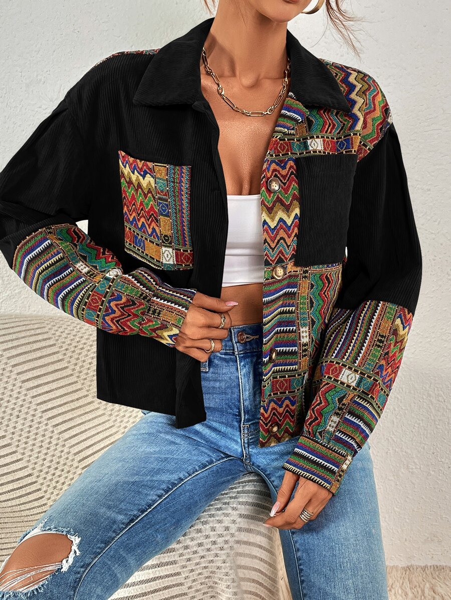 Fallen Shoulder Velvet Jacket with Geometric Print