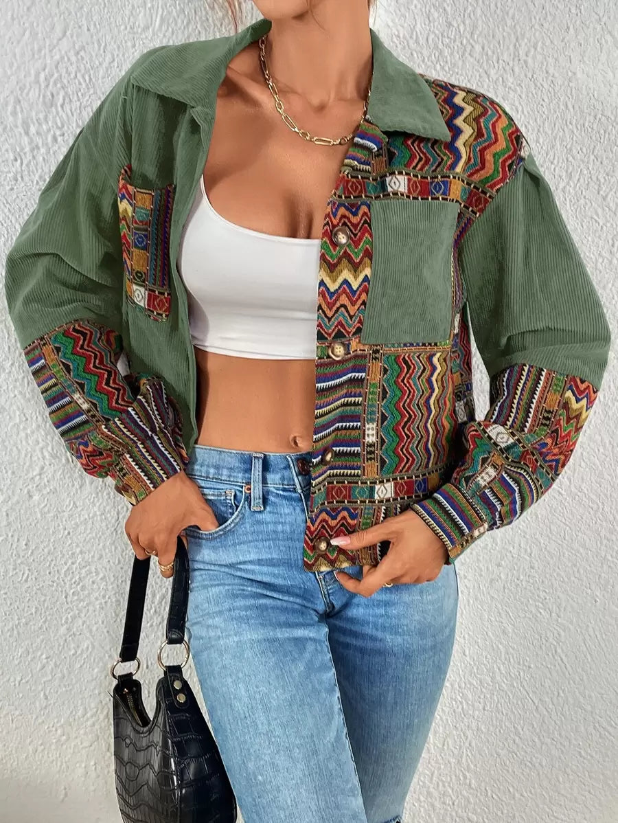 Fallen Shoulder Velvet Jacket with Geometric Print