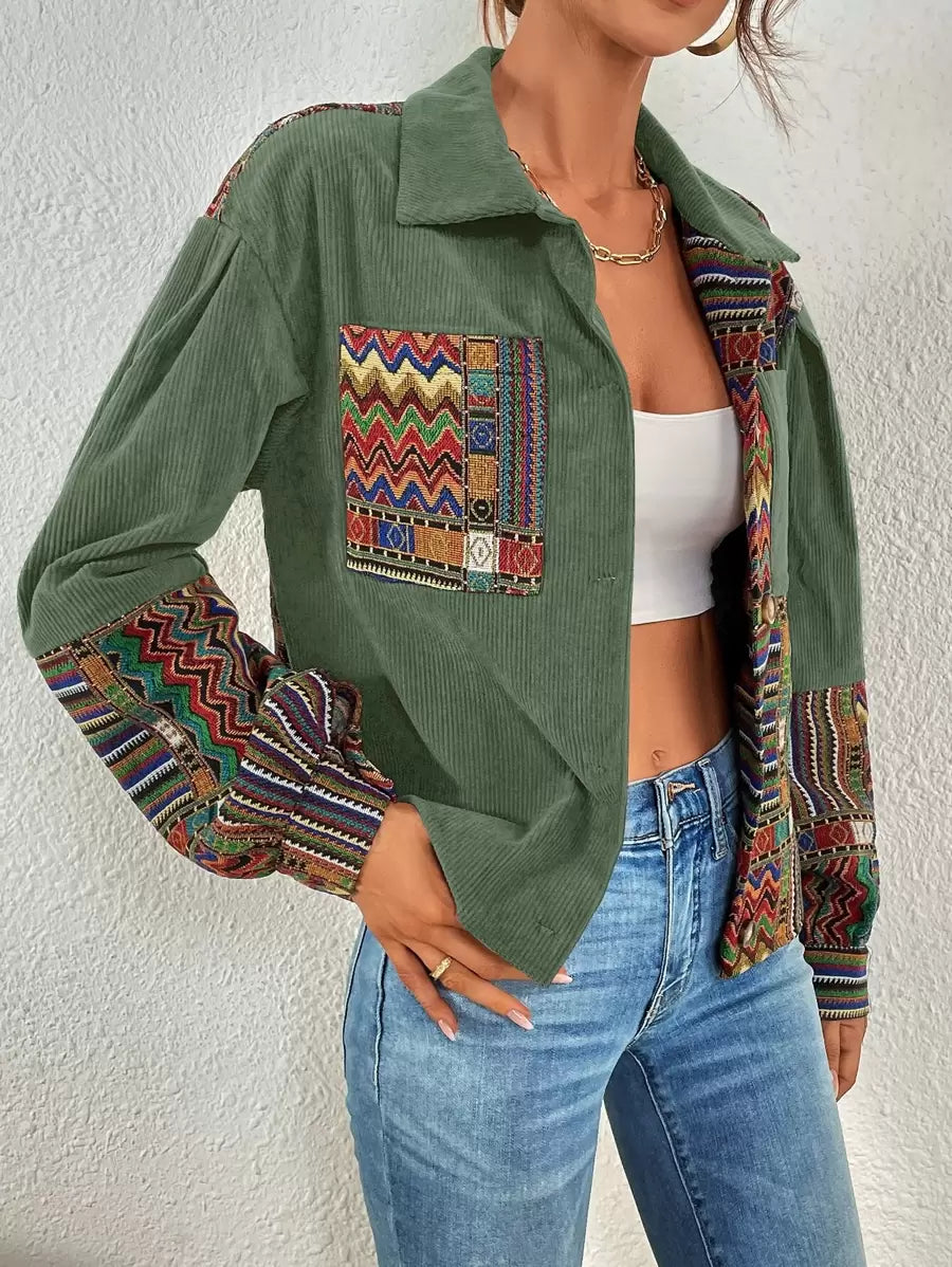Fallen Shoulder Velvet Jacket with Geometric Print