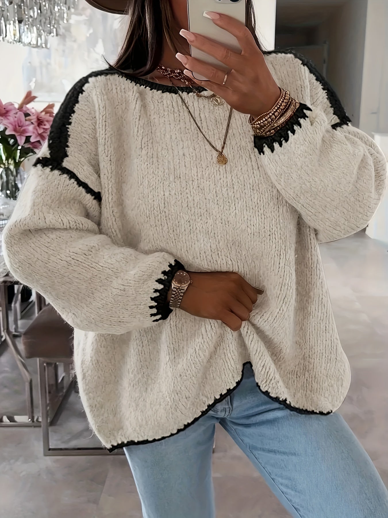 Pink Colorblock Round‑Neck Button Sweater