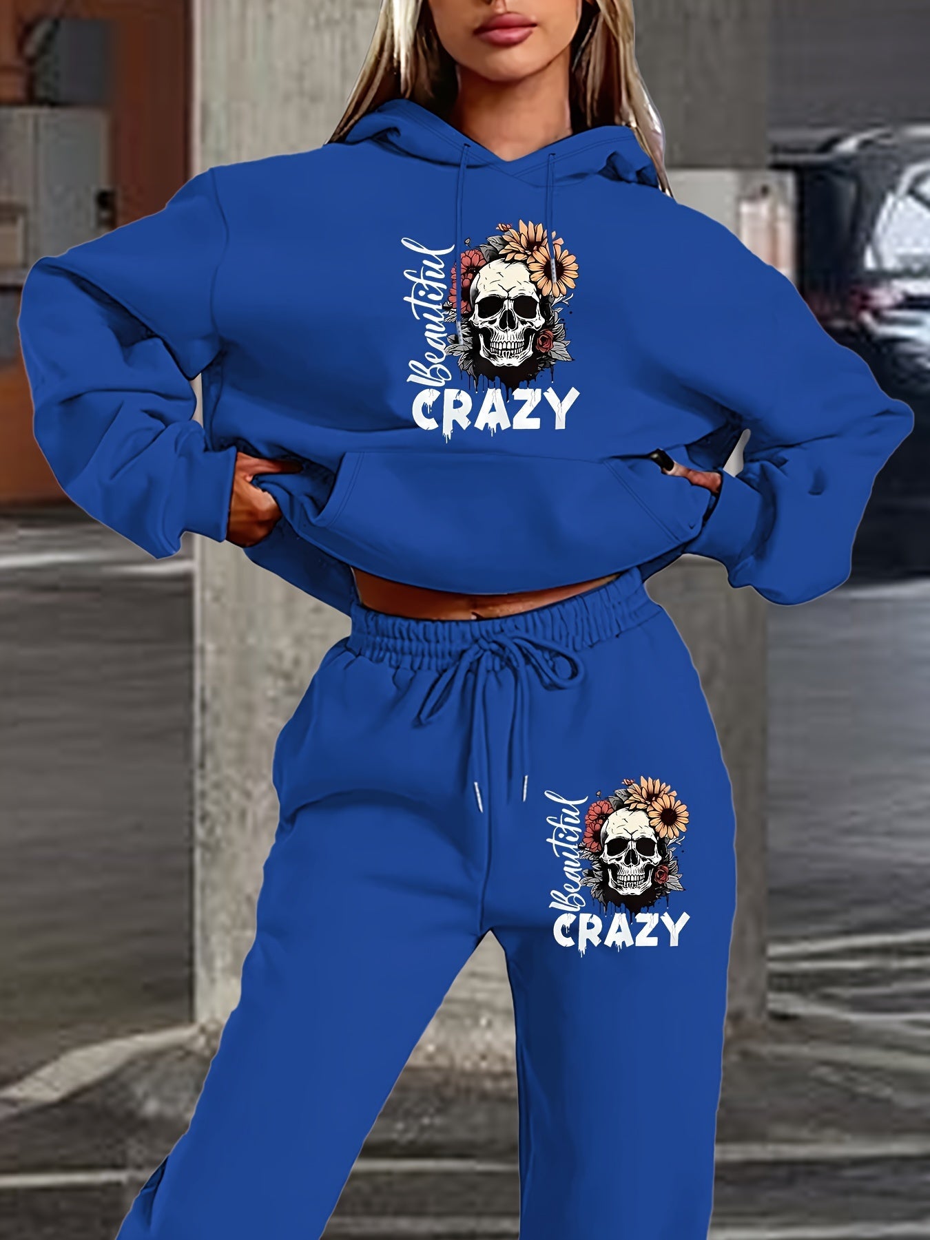 Skull Letter Print Hoodie Pants Set