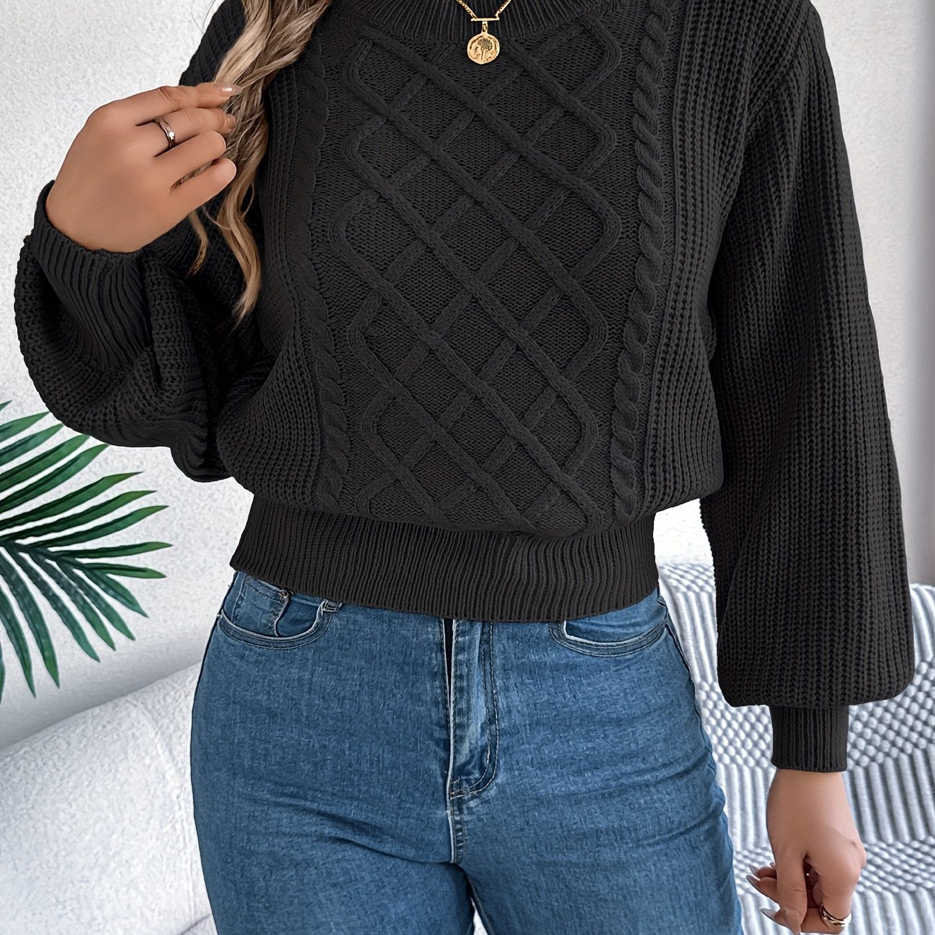 White Round-Neck Knit Sweater Adjustable Waist