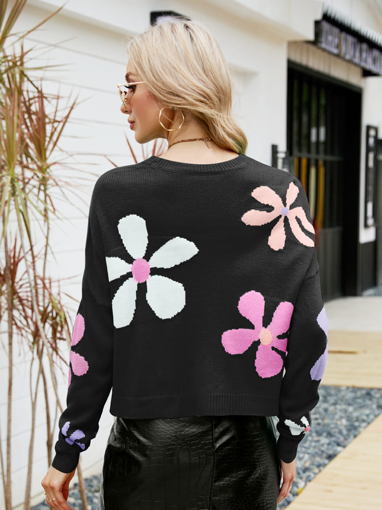 Loose Floral Crewneck Knit Sweater