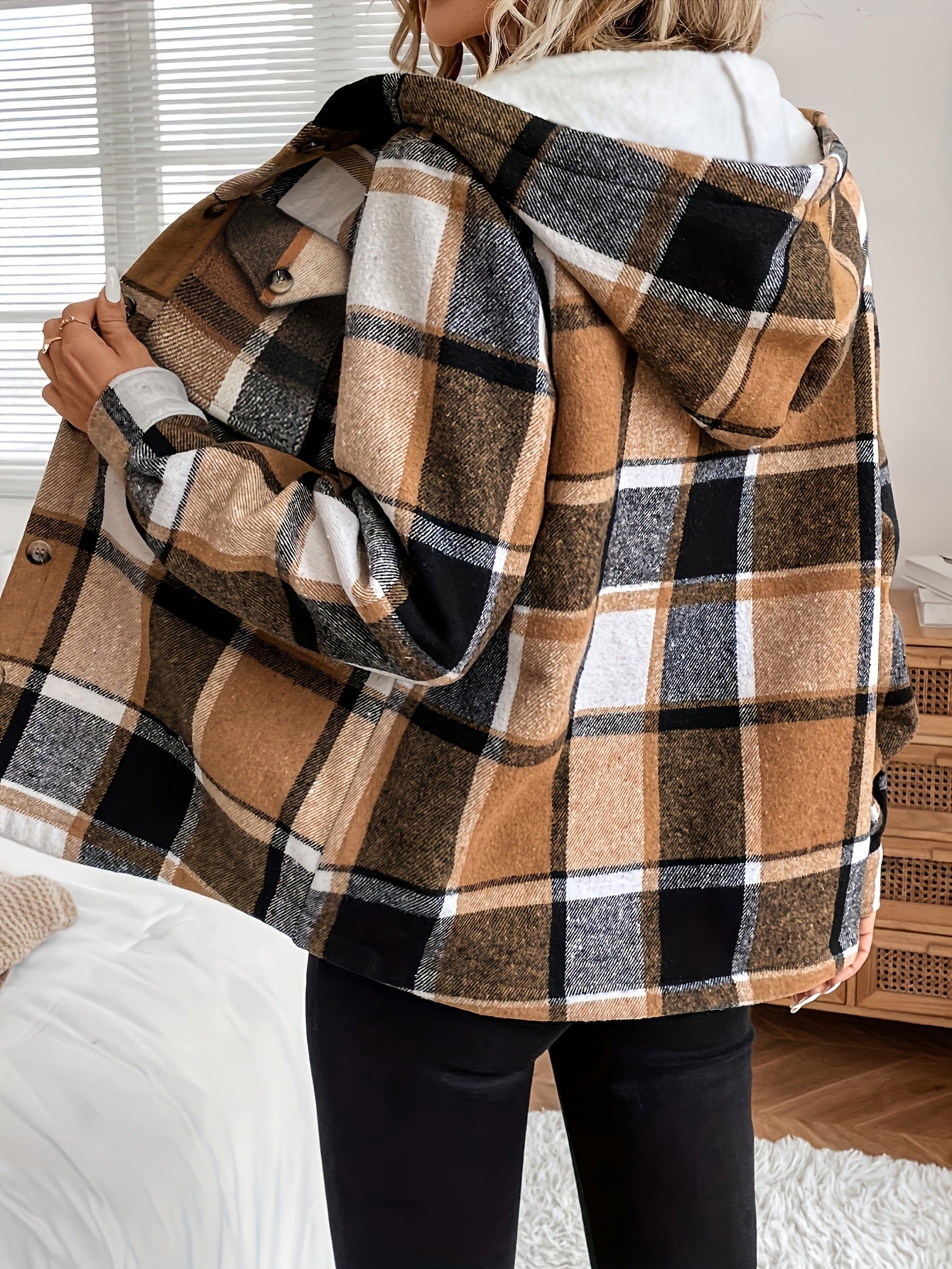 Casual Plaid Hooded Fleece Jacket