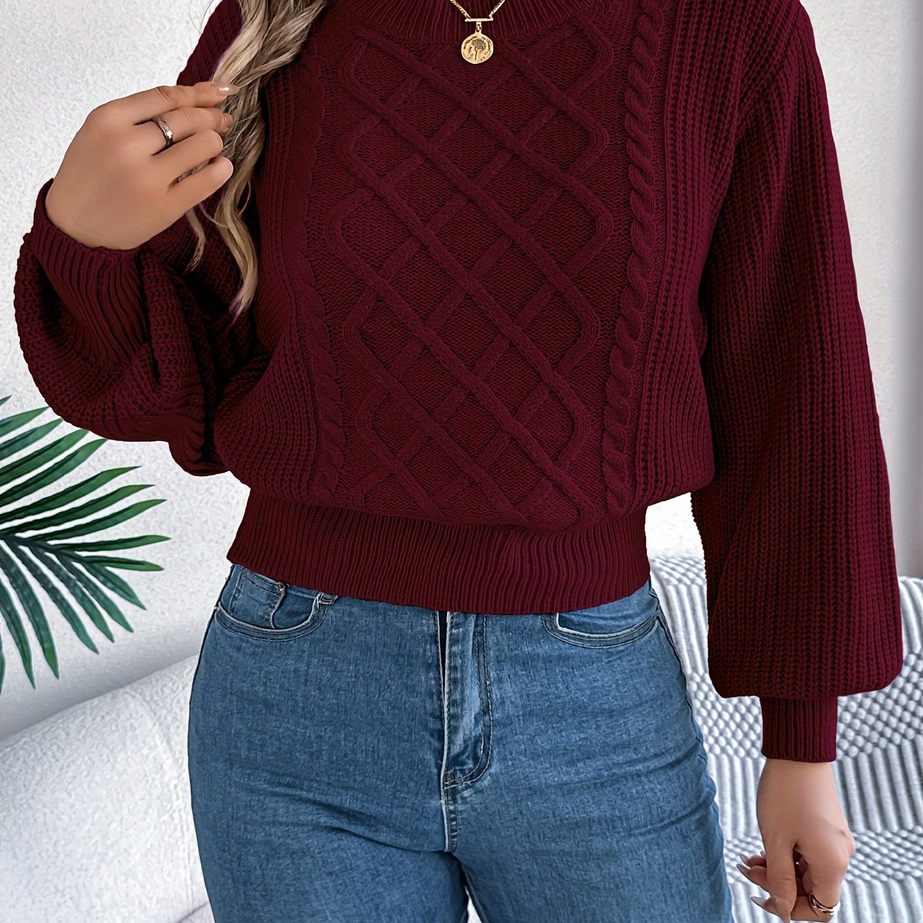White Round-Neck Knit Sweater Adjustable Waist