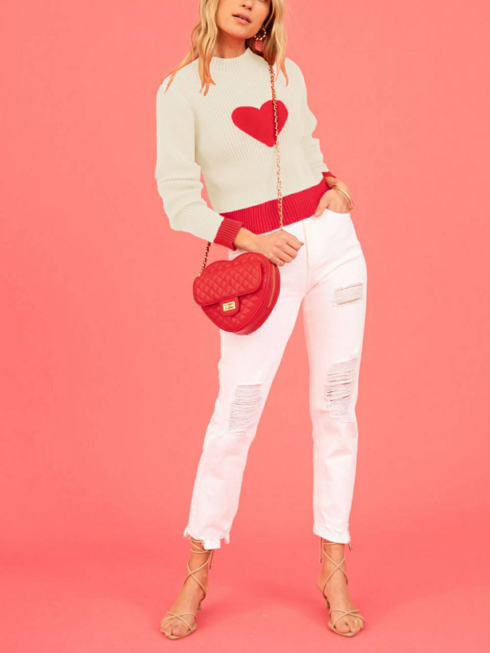 Valentine Heart Turtleneck Knit Sweater