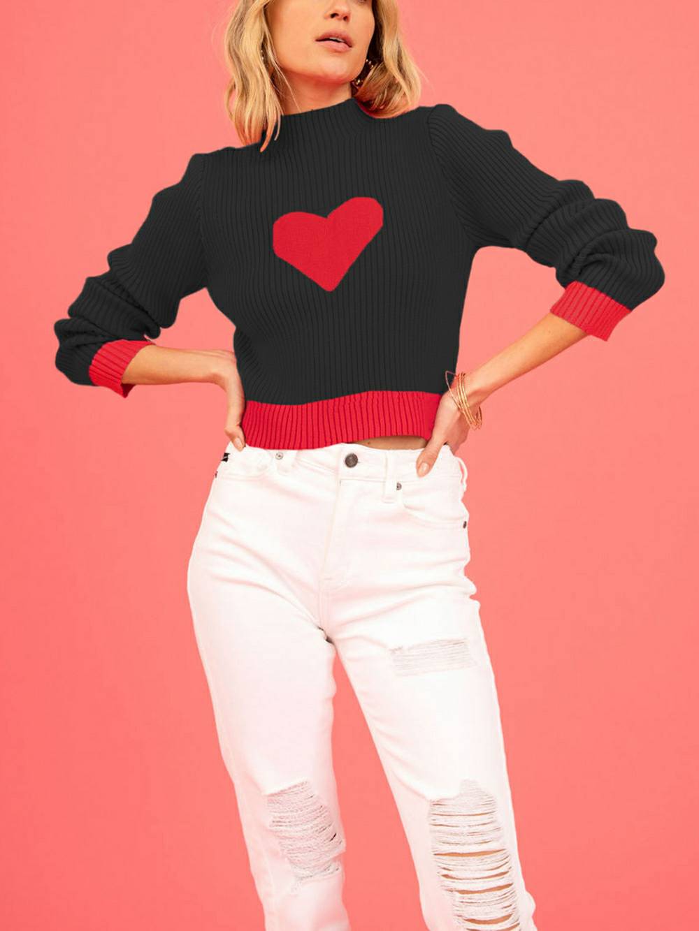 Valentine Heart Turtleneck Knit Sweater
