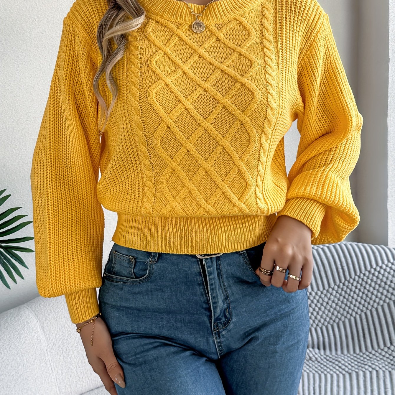 White Round-Neck Knit Sweater Adjustable Waist