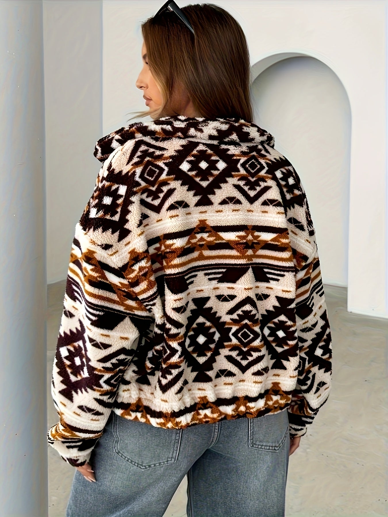 Vintage Fleece-Lined Geometric Zip Jacket
