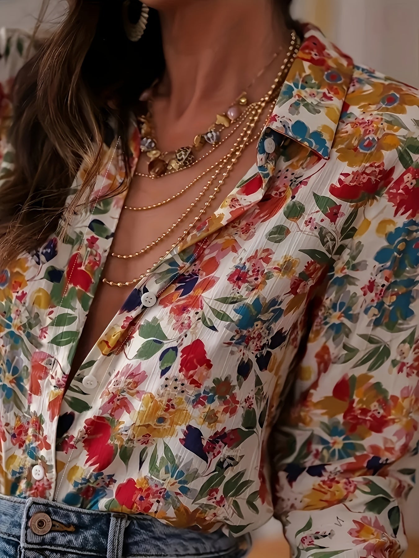 French Floral Button-Up Long-Sleeve Blouse