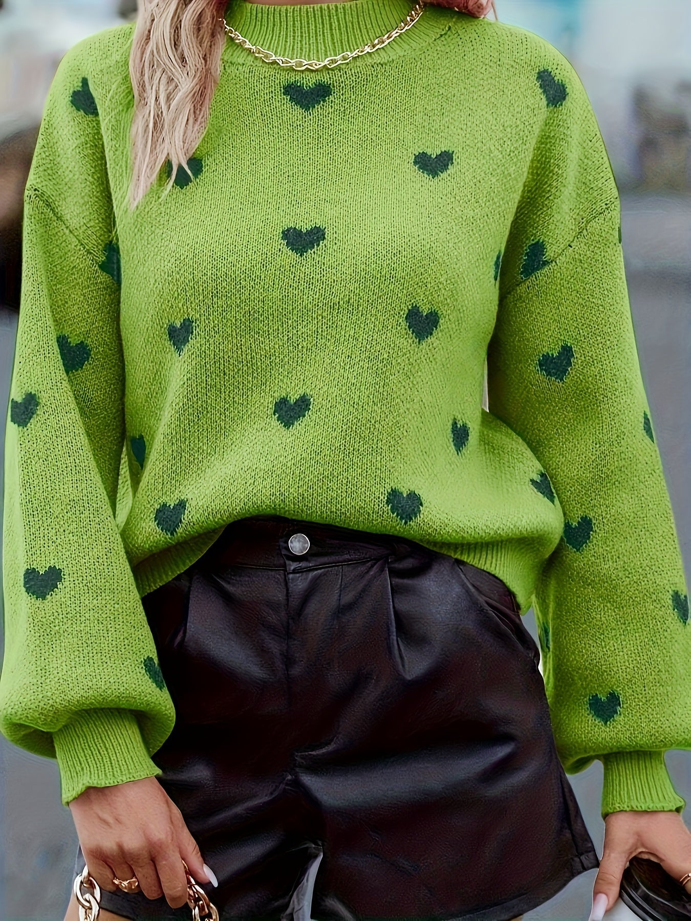 Green Heart High Neck Loose Sweater