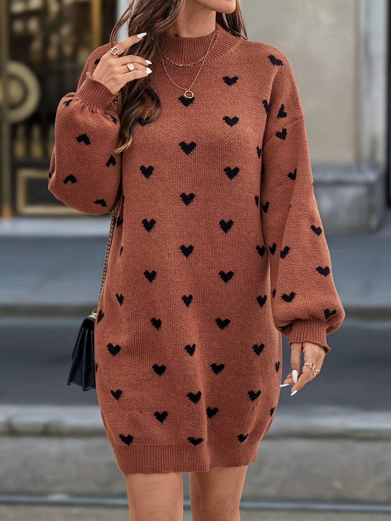 Fall Winter Heart Ribbed Sweater Dress