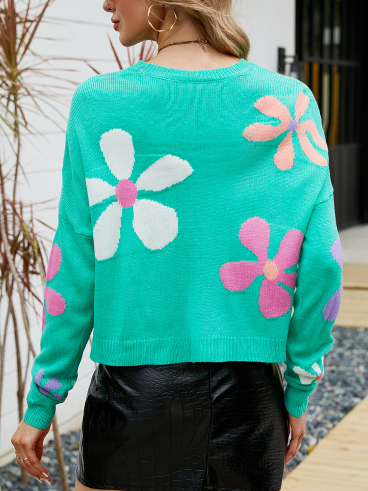 Loose Floral Crewneck Knit Sweater