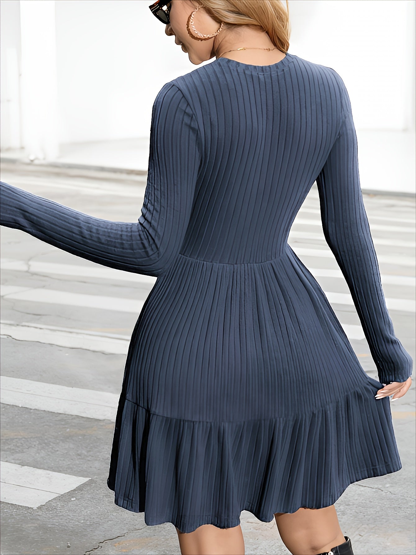 Ribbed Crewneck Ruffle-Hem Long-Sleeve Dress