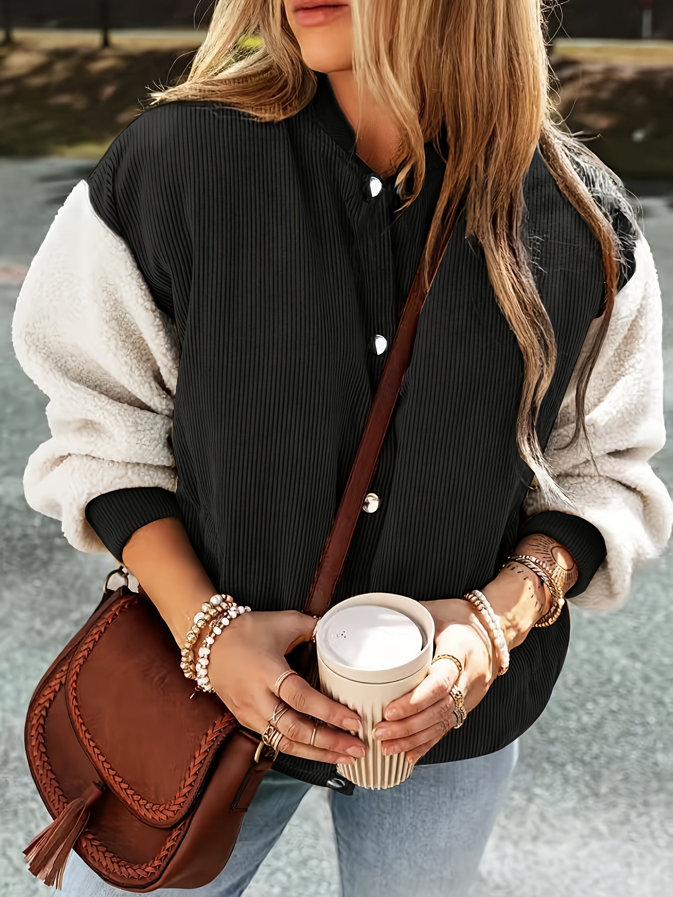 Corduroy Colorblock Baseball Collar Jacket