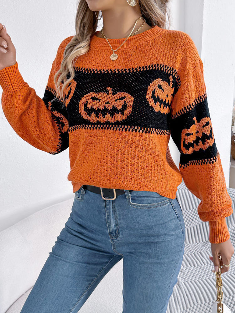 Halloween Pumpkin Colorblock Crewneck Knit Sweater