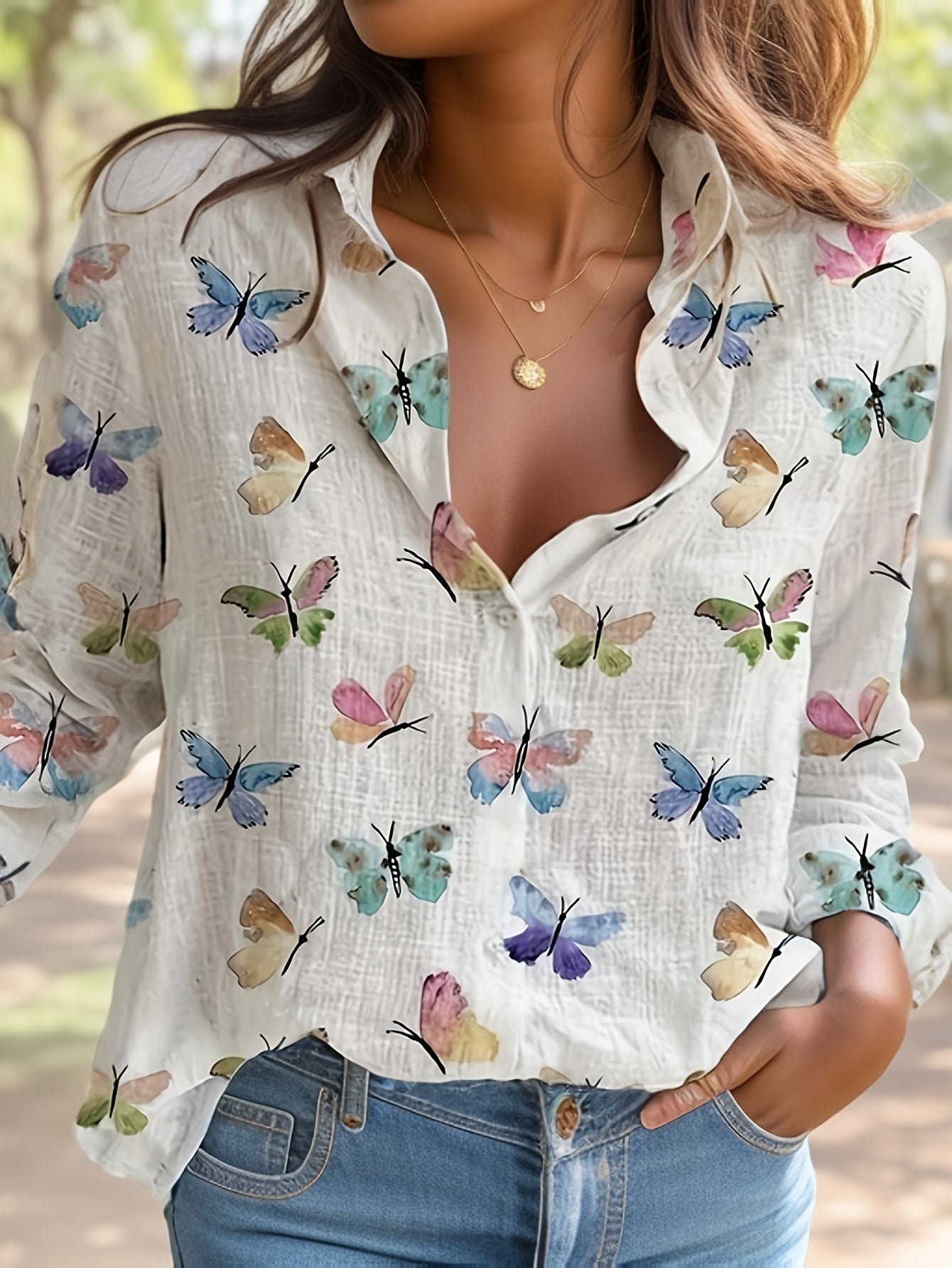 Butterfly Print Long Sleeve Button-Up Blouse
