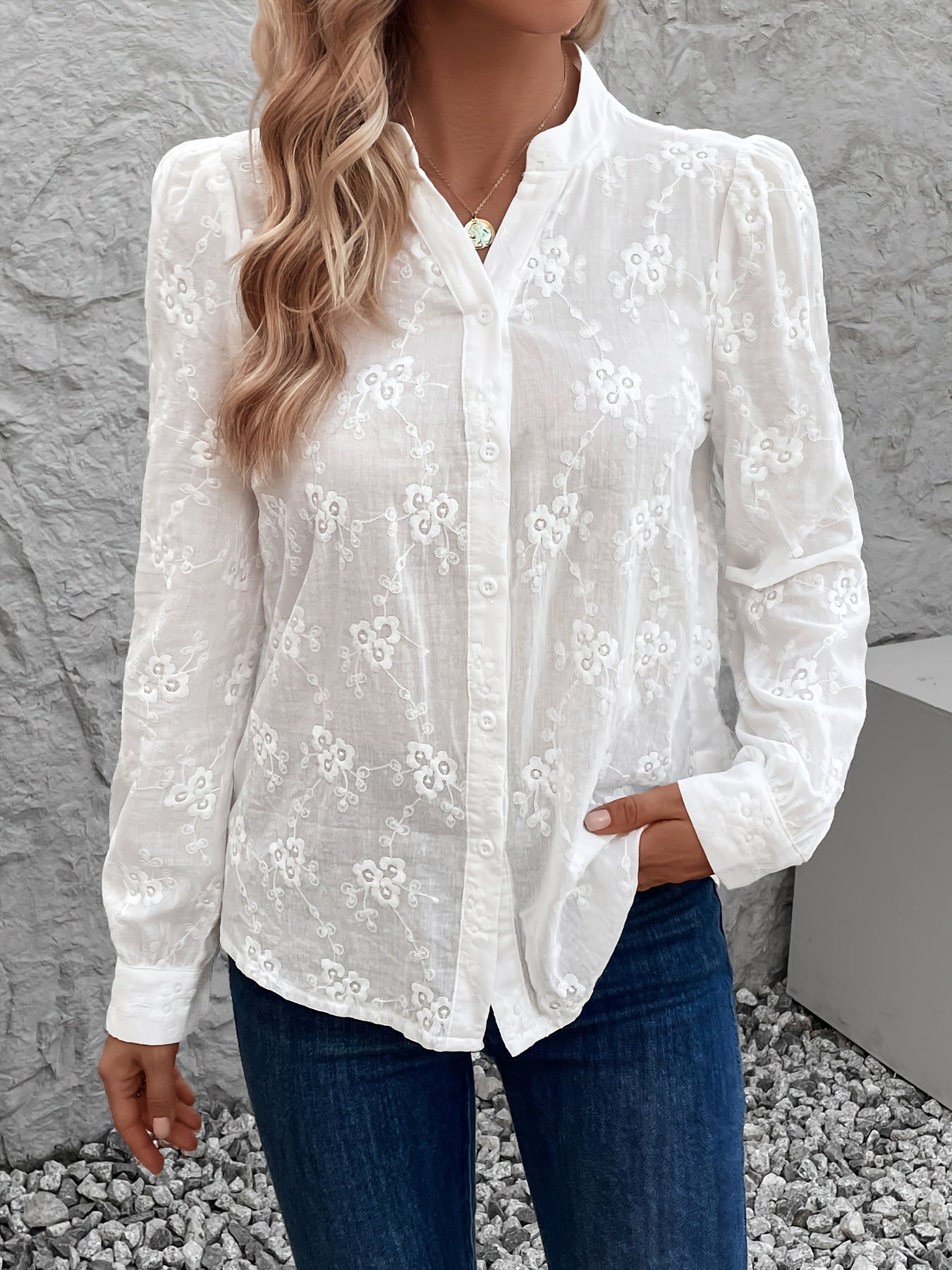 Elegant White Long-Sleeve Button Office Blouse