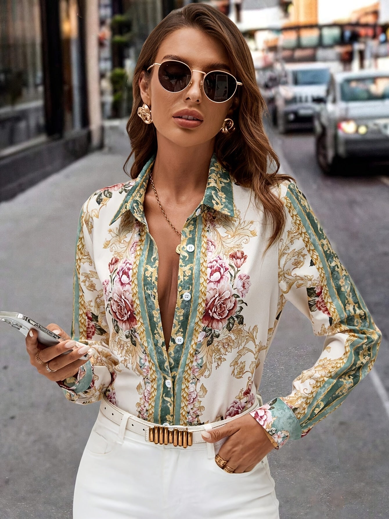 Floral Lapel Button Long-Sleeve Blouse
