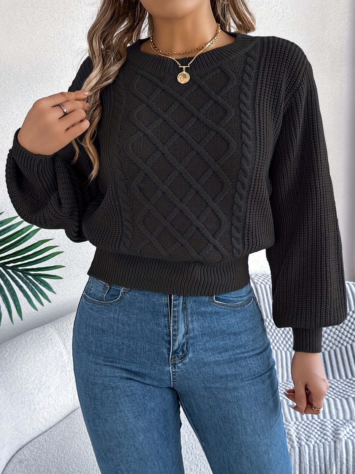 White Round-Neck Knit Sweater Adjustable Waist