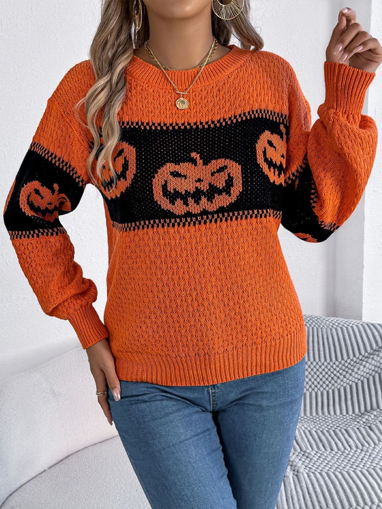 Halloween Pumpkin Colorblock Crewneck Knit Sweater