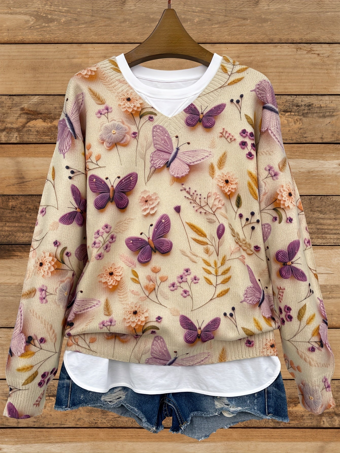 Purple Butterfly V-Neck Long Sleeve Sweater
