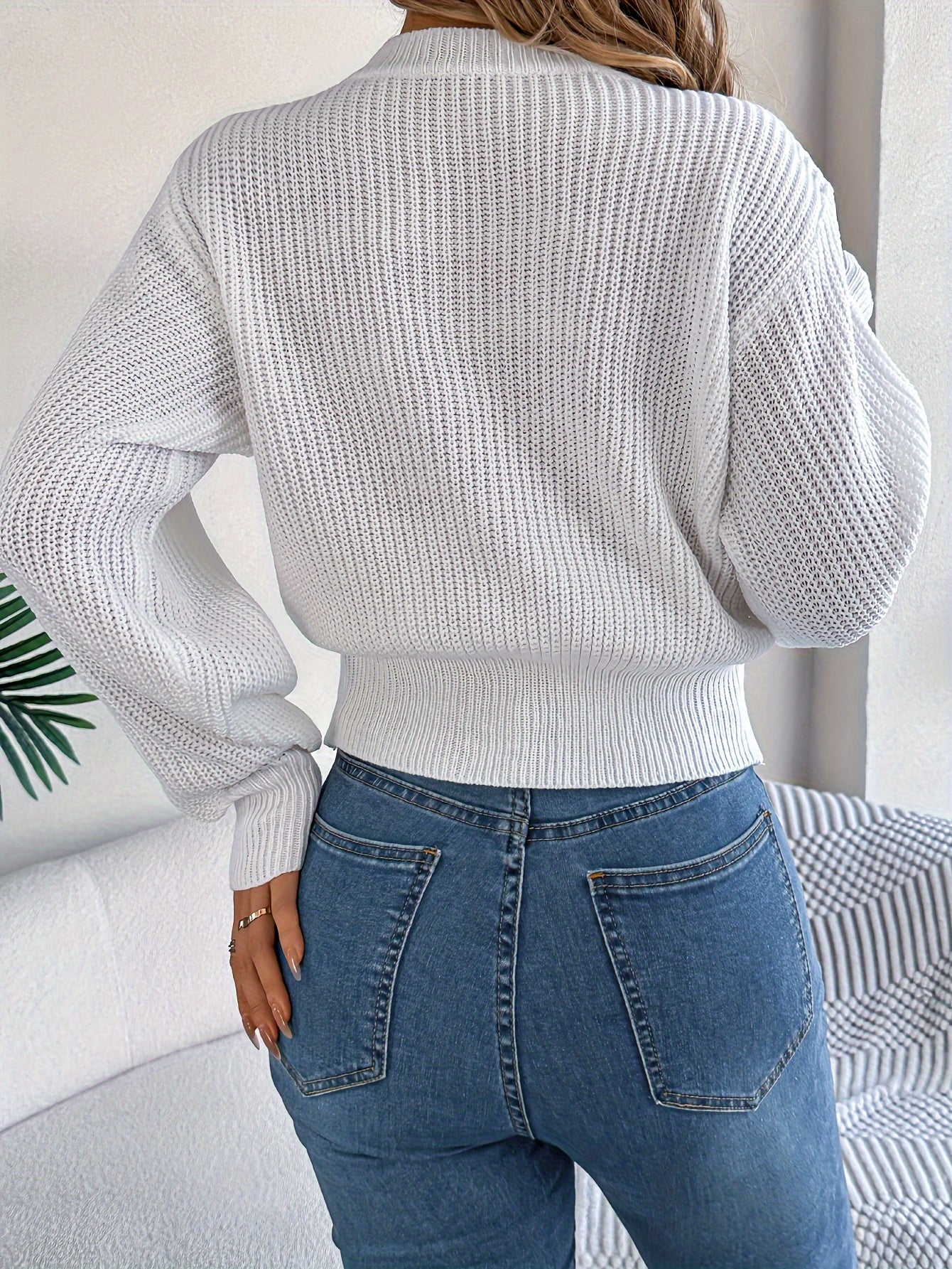 White Round-Neck Knit Sweater Adjustable Waist