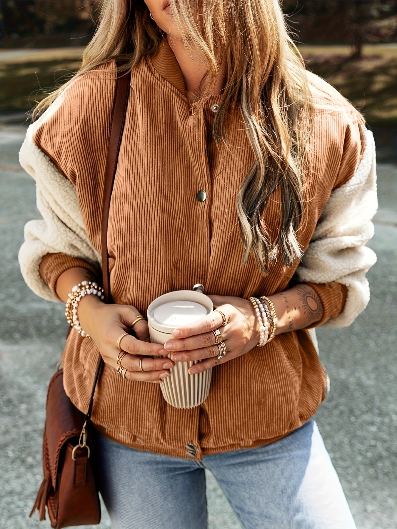 Corduroy Colorblock Baseball Collar Jacket