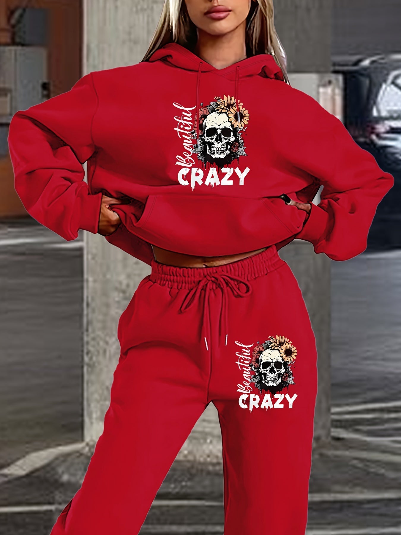 Skull Letter Print Hoodie Pants Set