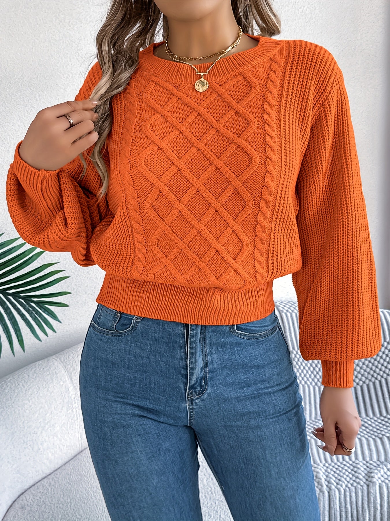White Round-Neck Knit Sweater Adjustable Waist