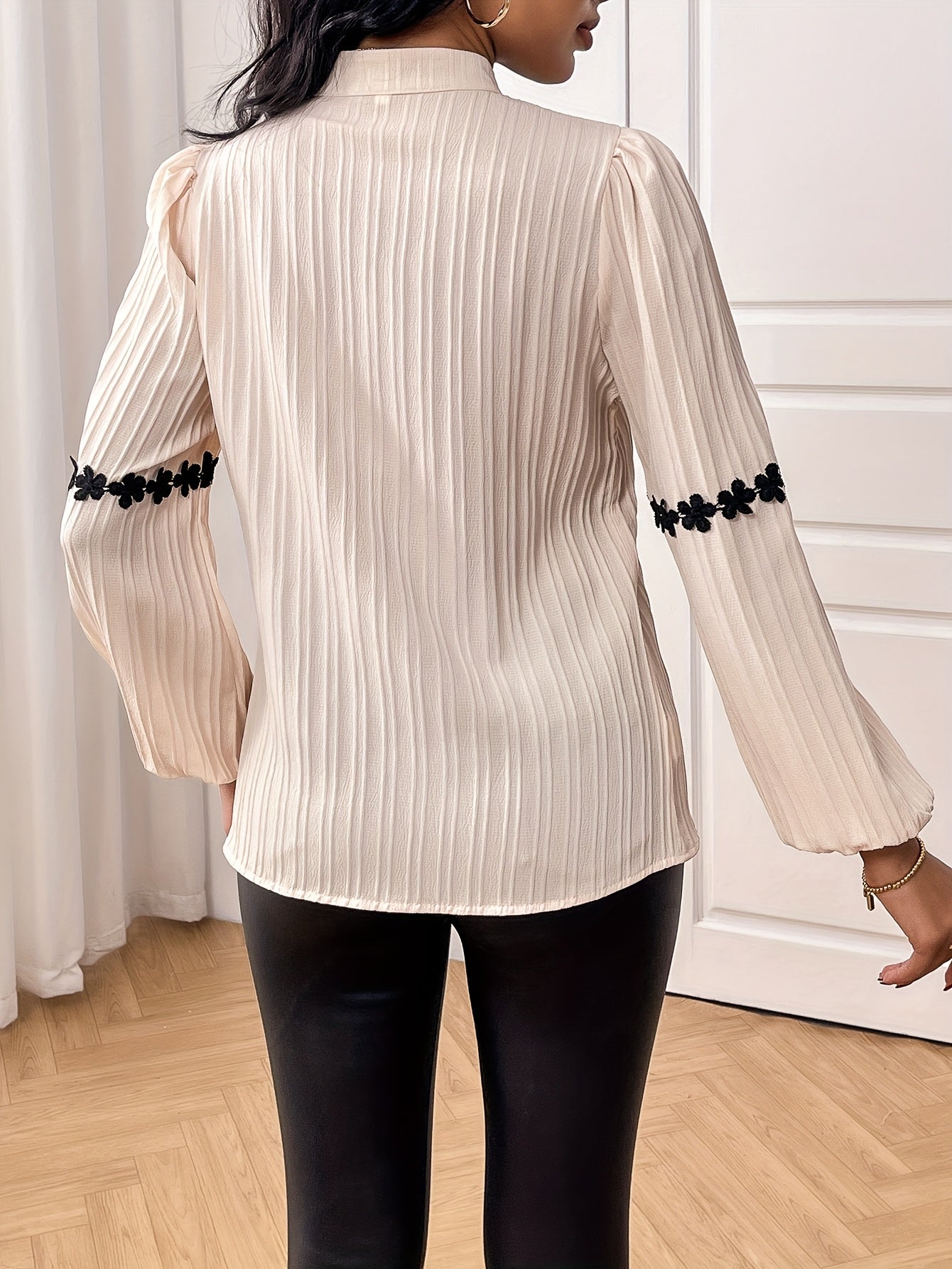 Stand-Collar Lace Lantern Sleeve Blouse