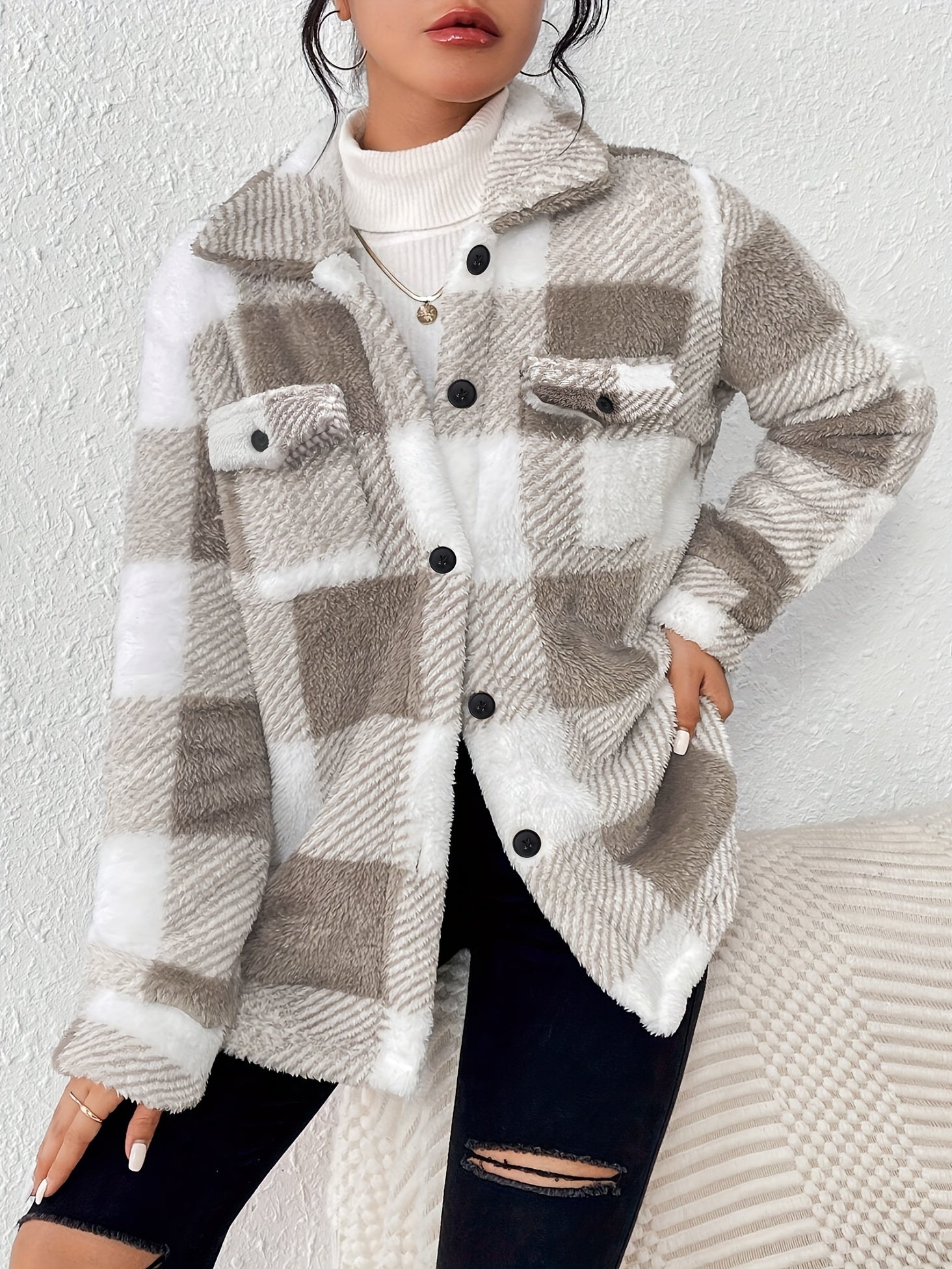 Cozy Yellow-White Plaid Fleece Jacket