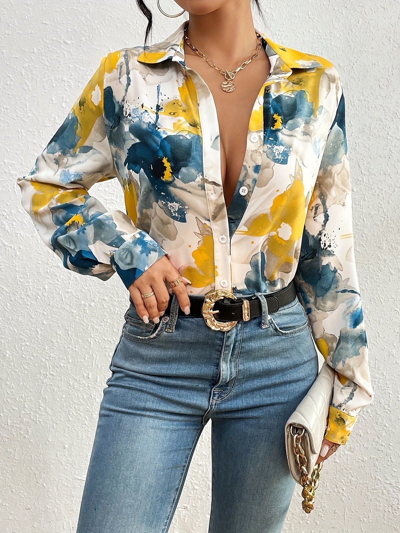 Floral Button-Front Long Sleeve Shirt