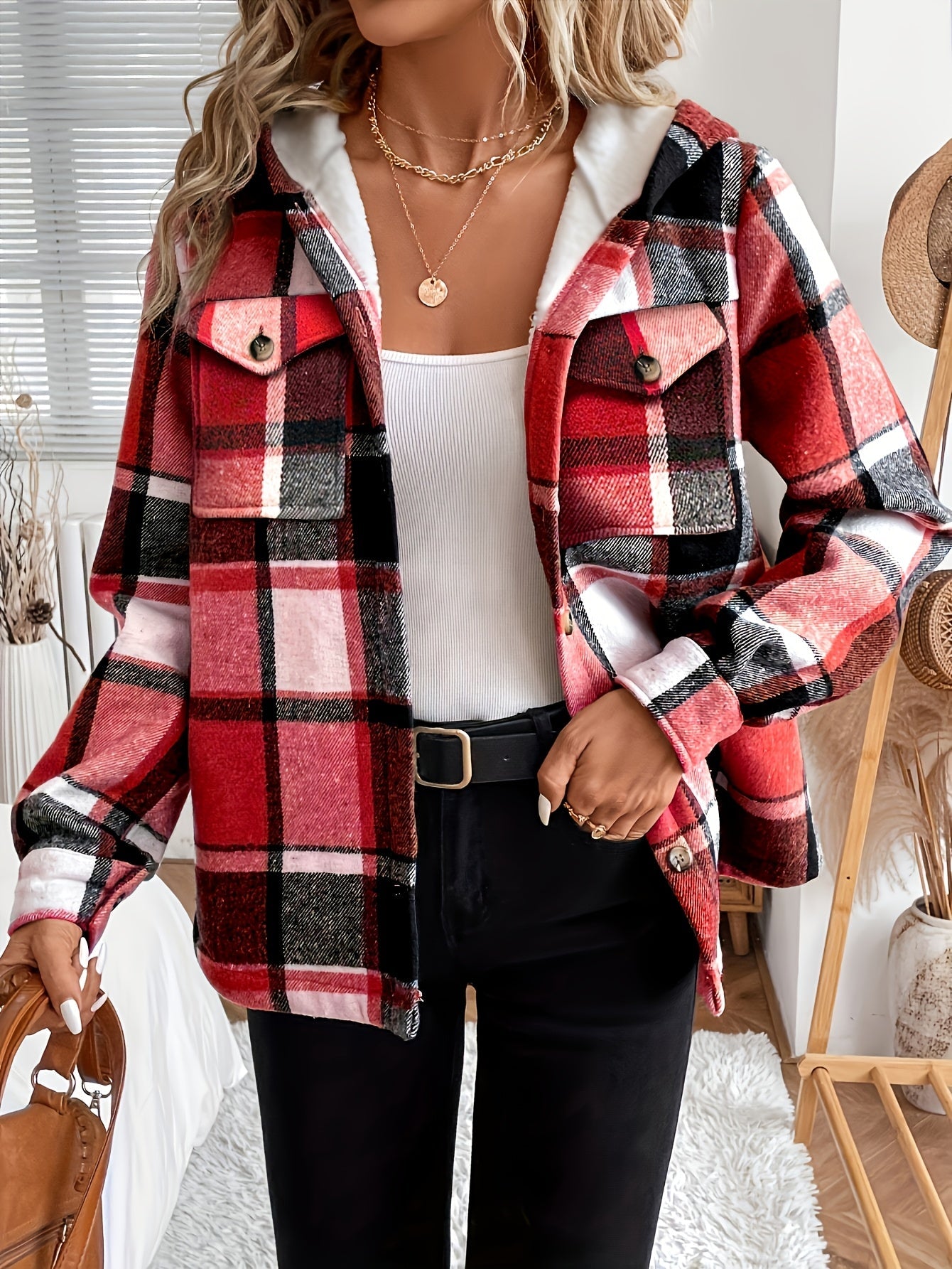 Casual Plaid Hooded Fleece Jacket