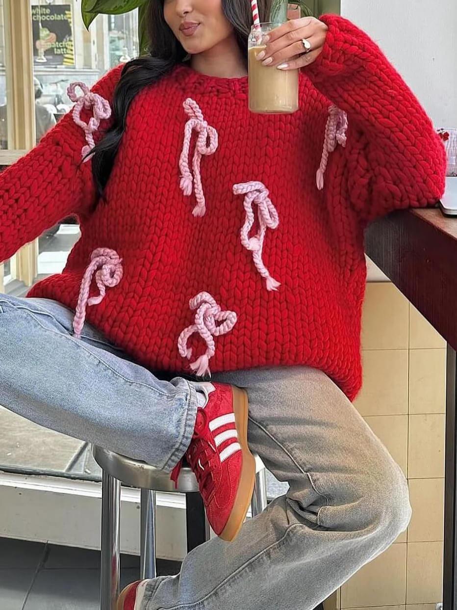 Bow Crewneck Oversized Knit Sweater