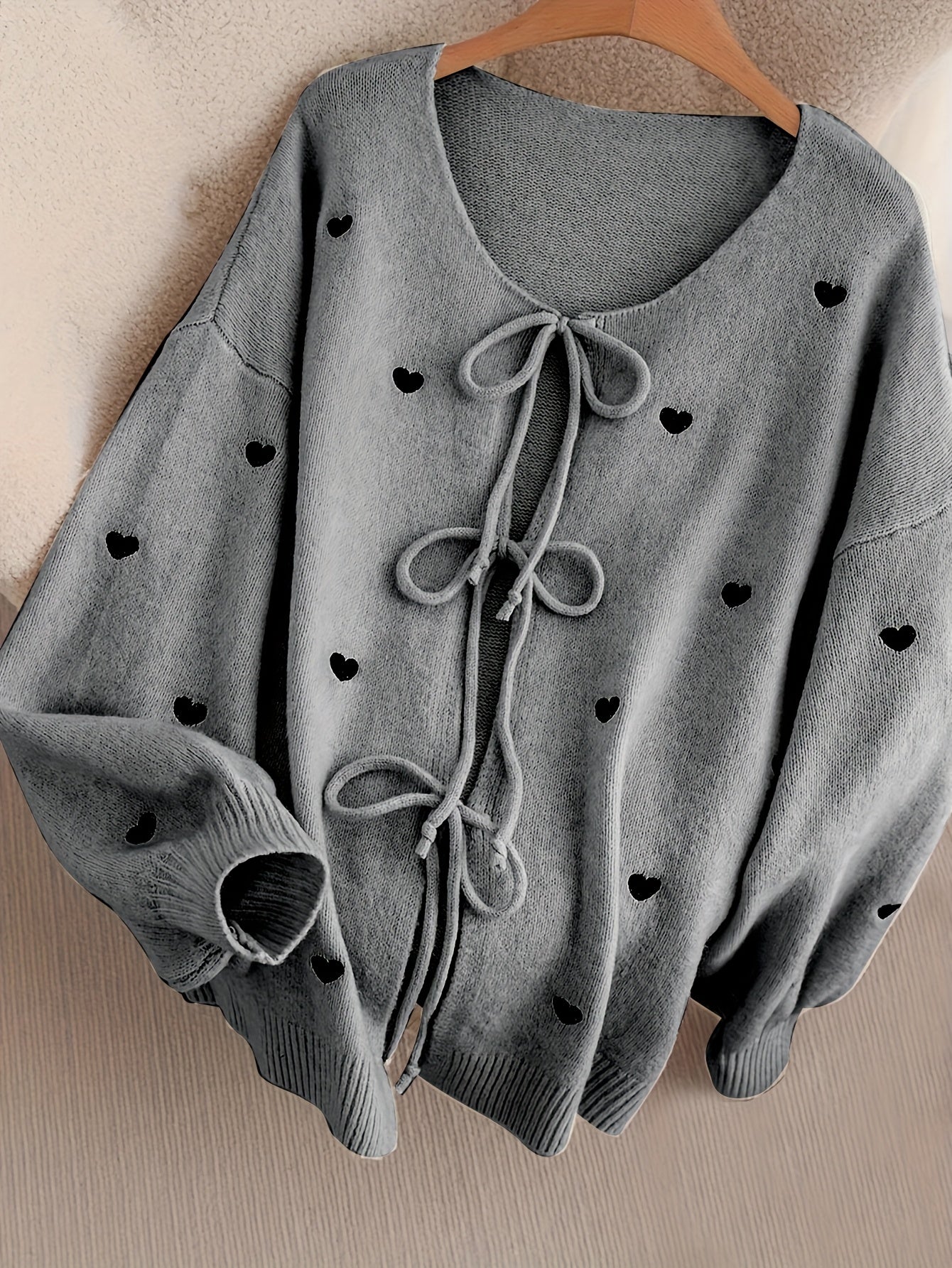 Cozy Beige Heart Bow Sweater