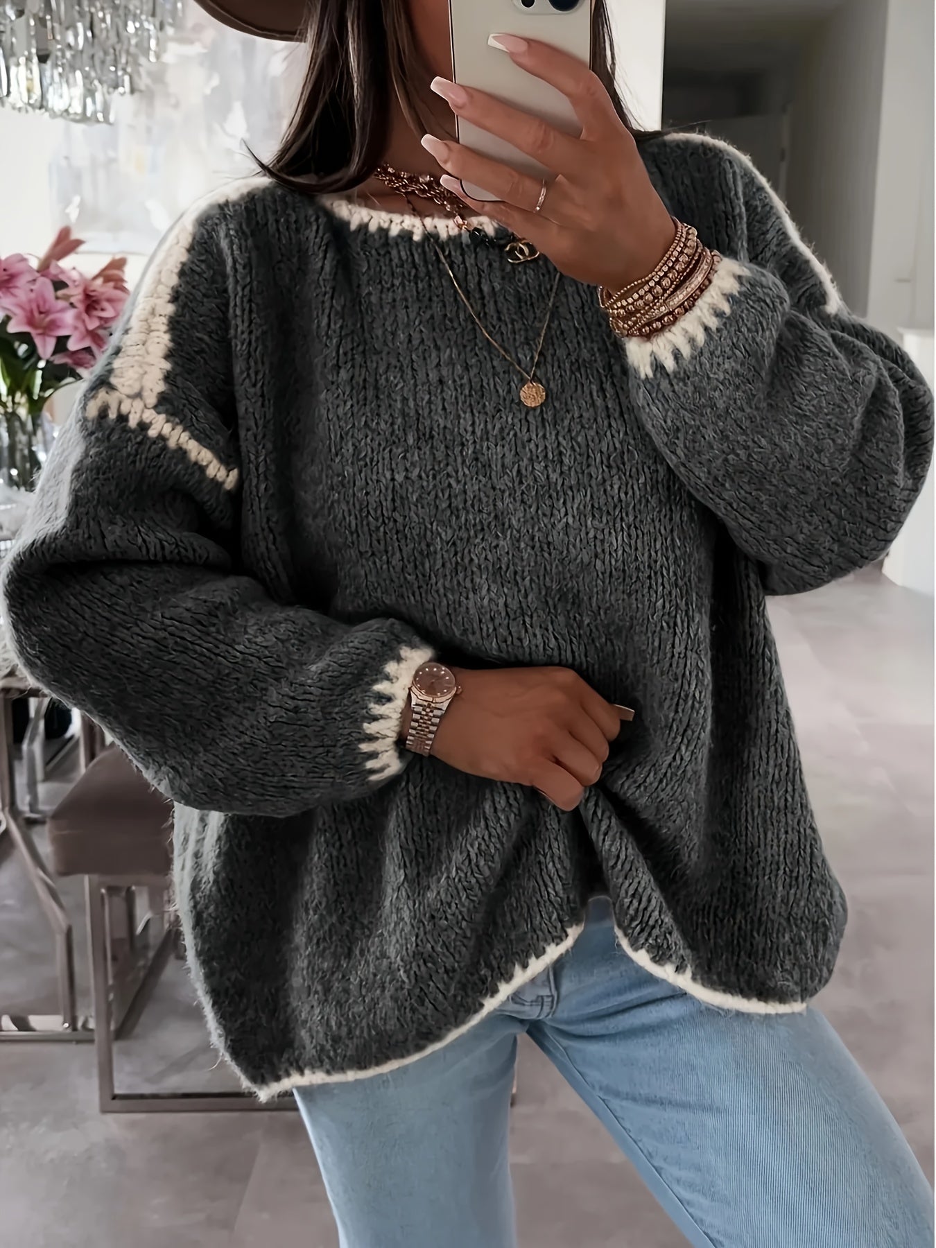 Pink Colorblock Round‑Neck Button Sweater