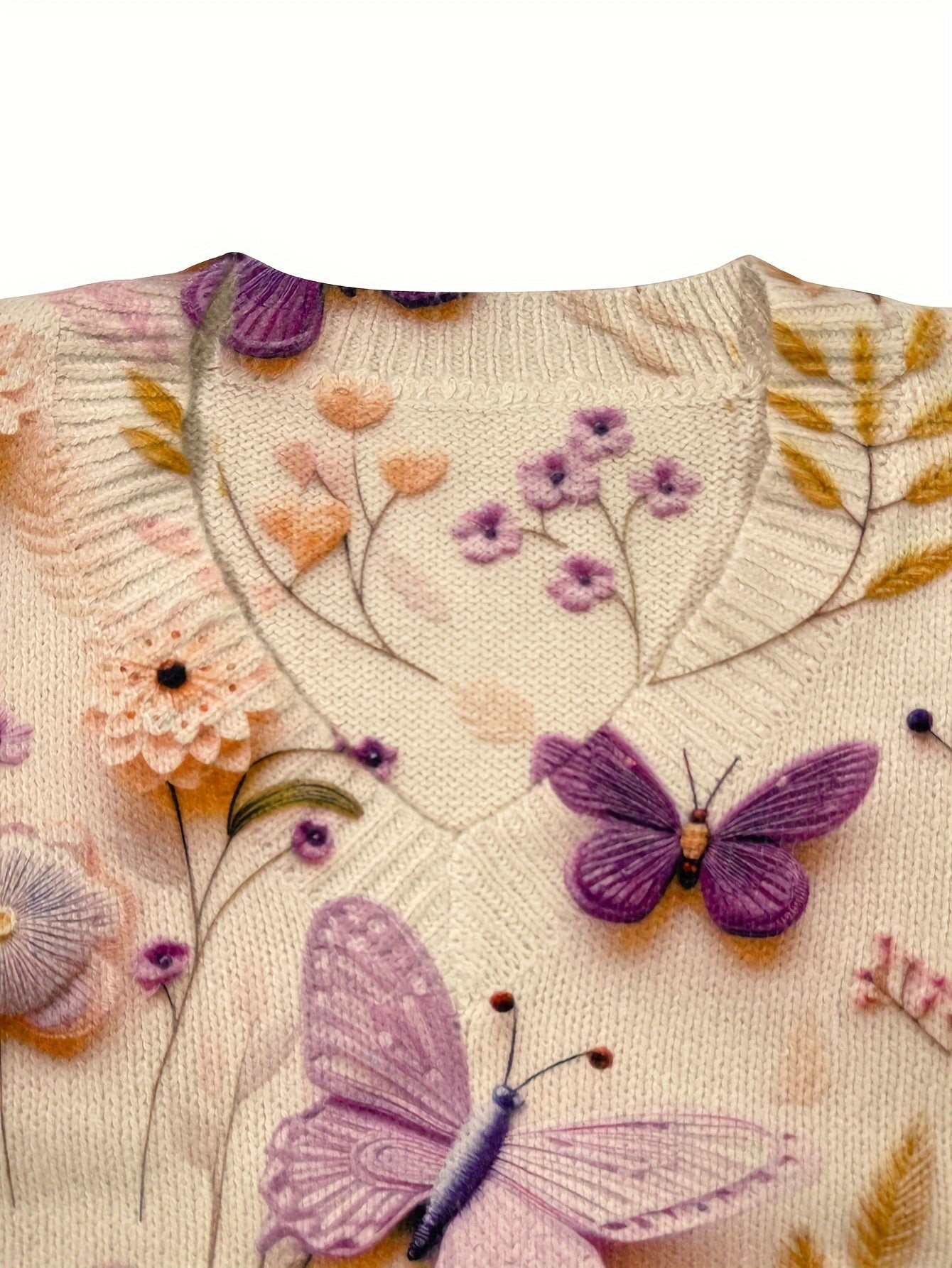 Purple Butterfly V-Neck Long Sleeve Sweater