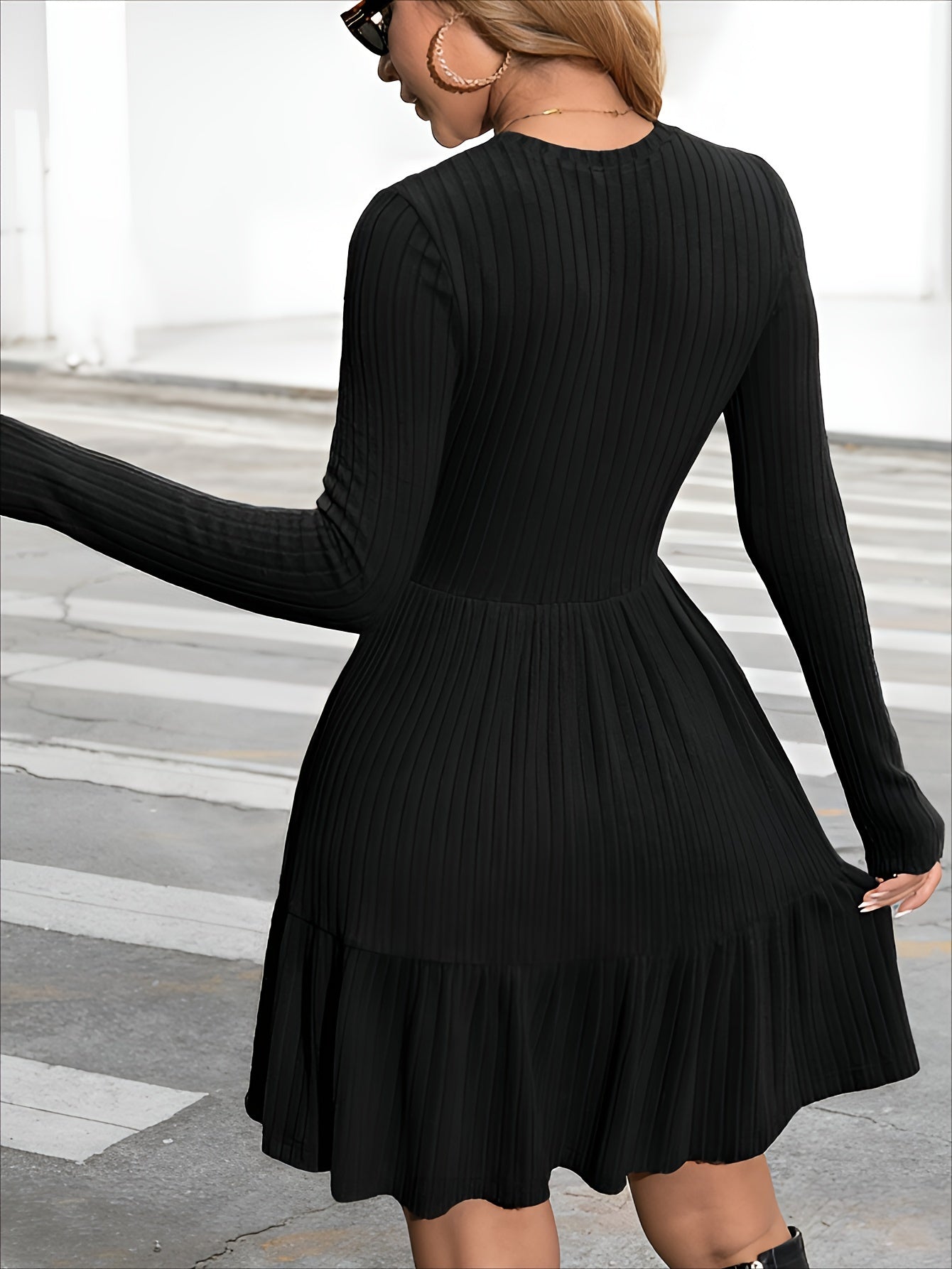 Ribbed Crewneck Ruffle-Hem Long-Sleeve Dress
