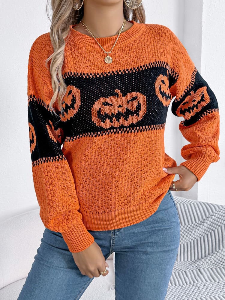 Halloween Pumpkin Colorblock Crewneck Knit Sweater