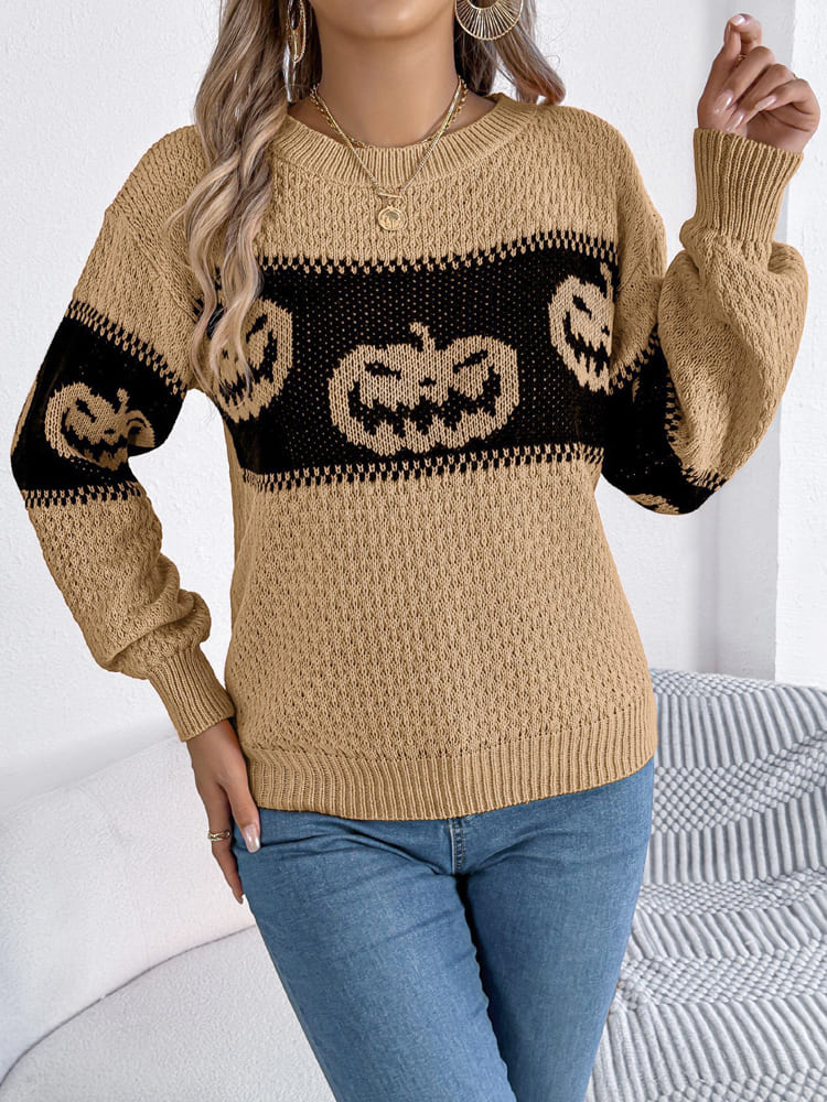 Halloween Pumpkin Colorblock Crewneck Knit Sweater