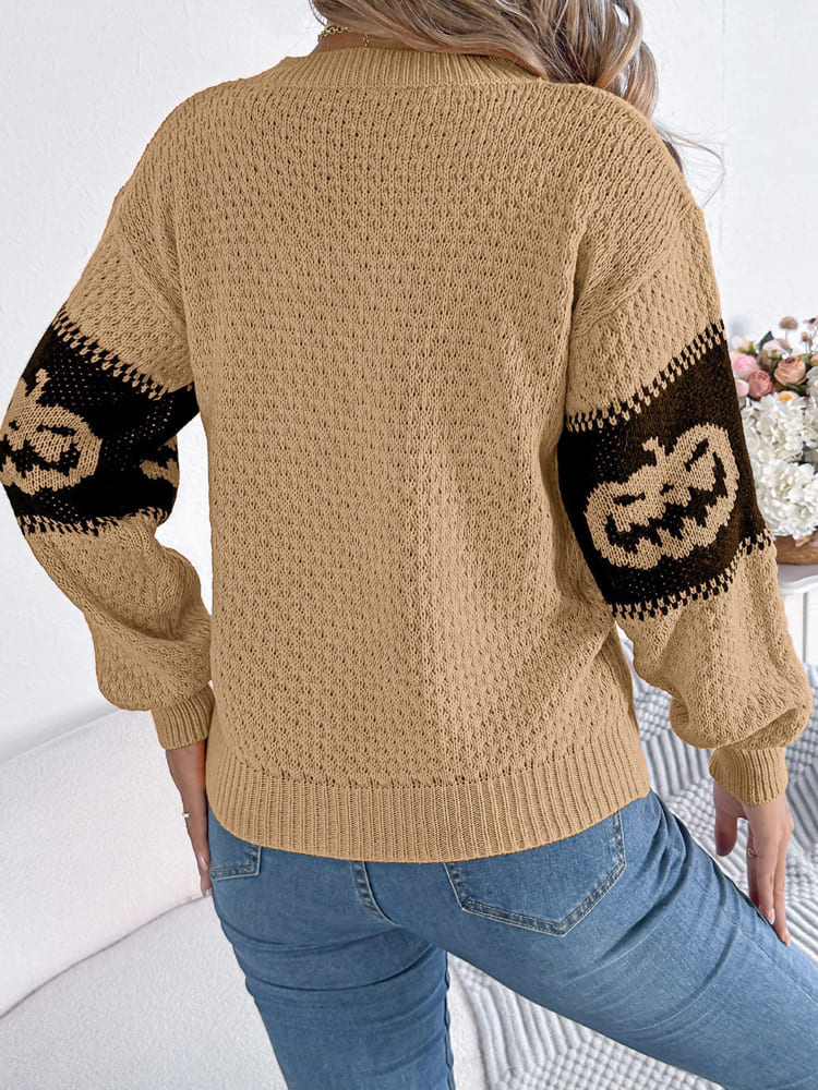 Halloween Pumpkin Colorblock Crewneck Knit Sweater