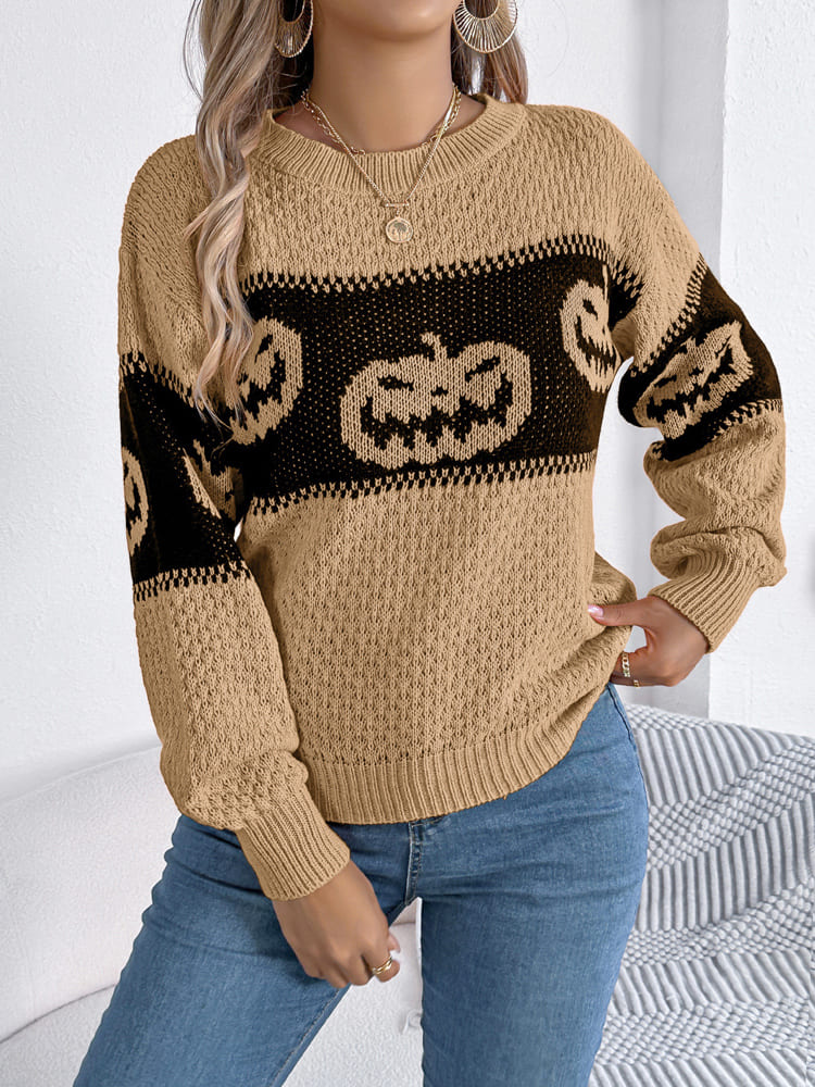 Halloween Pumpkin Colorblock Crewneck Knit Sweater
