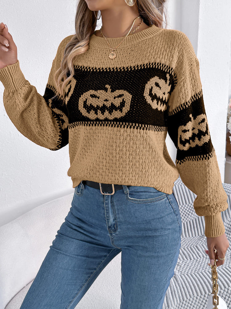 Halloween Pumpkin Colorblock Crewneck Knit Sweater