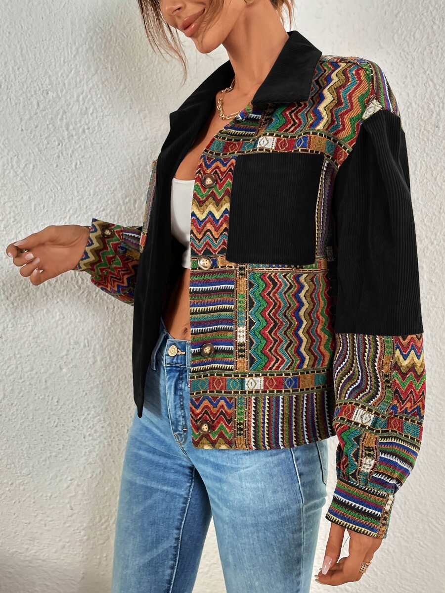 Fallen Shoulder Velvet Jacket with Geometric Print
