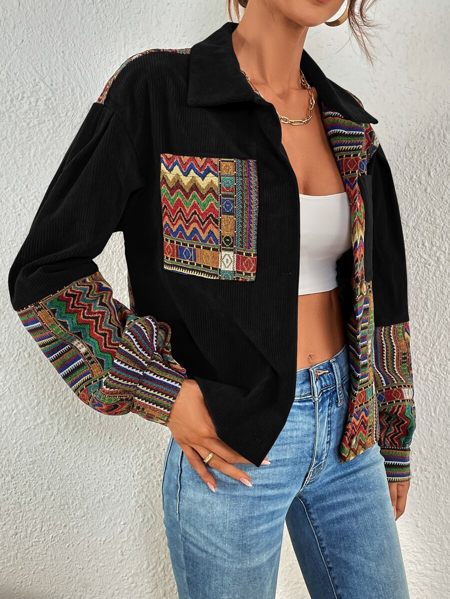 Fallen Shoulder Velvet Jacket with Geometric Print